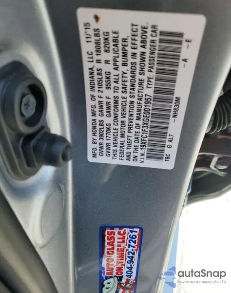 2016 Honda Civic Ex from USA, damaged, VIN 19XFC1F3XGE001957